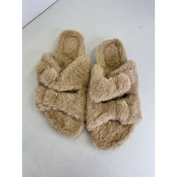 FITORY Womens Open Toe Sandal Cozy Lining Faux Fur Slide Slipper Tan 8.5 - Picture 2 of 4